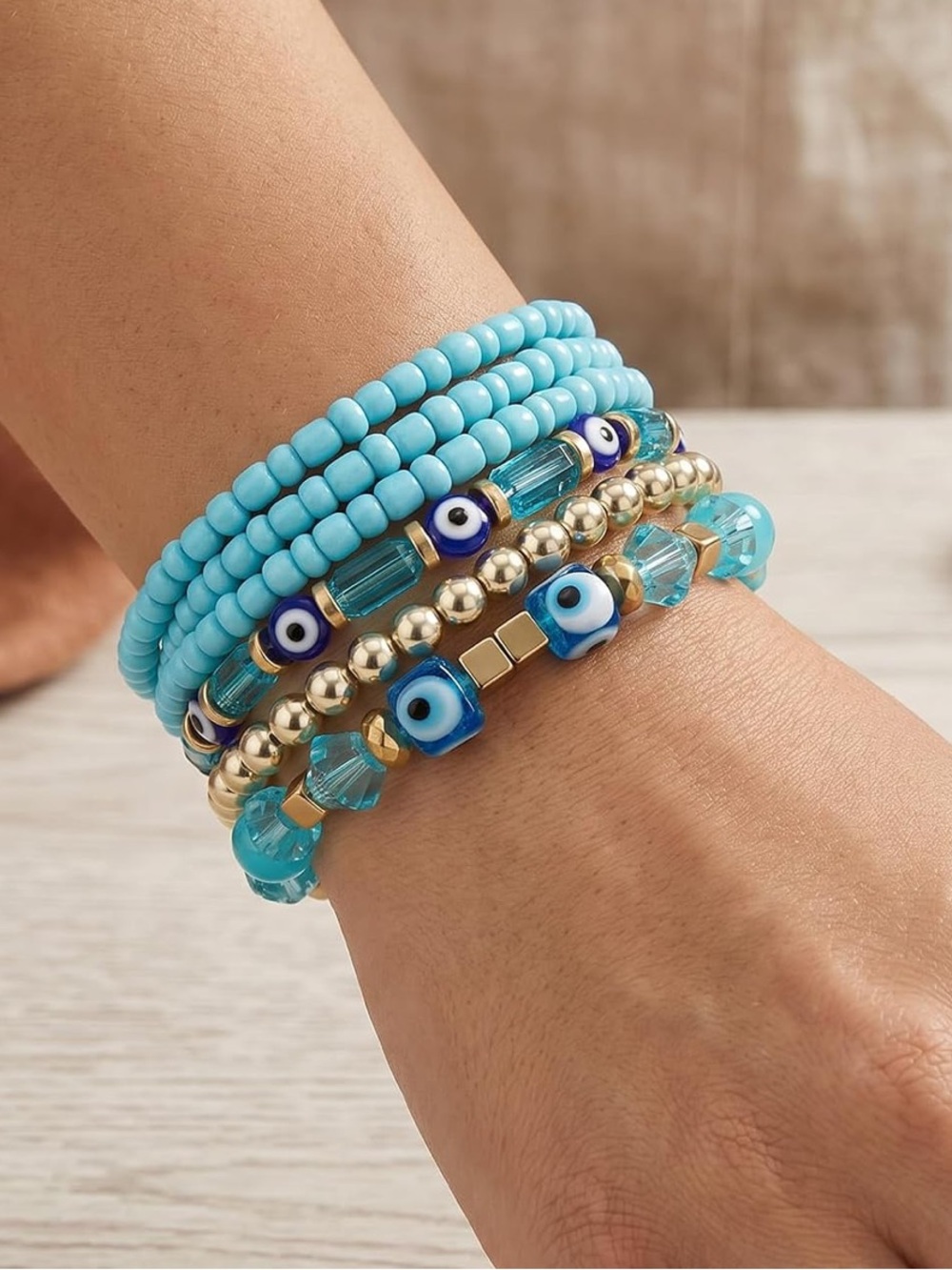 New Turquoise Beaded Stack Bracelet Set with Gold Accents